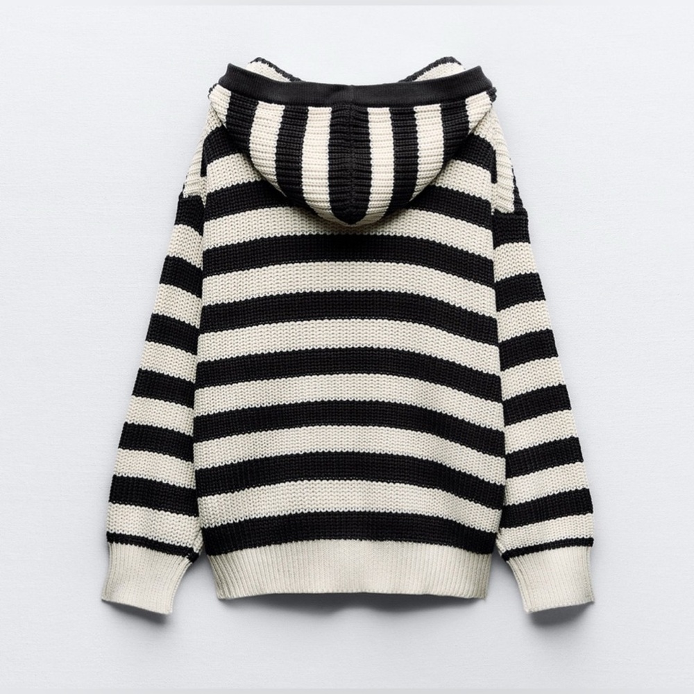 ZARA Hooded Knit Sweater Striped Cotton Long Sleeve Front Pockets Preppy Coastal - Picture 2 of 5